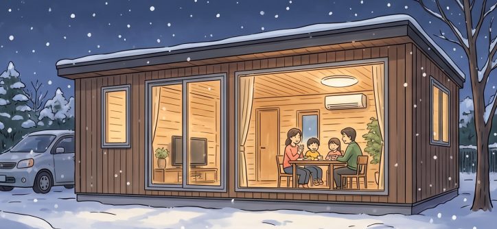 雪の日でも暖かい室内で過ごす家族のイラスト