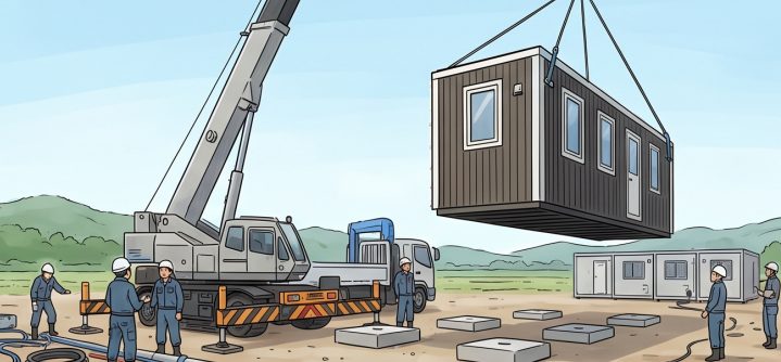 クレーンで建物を設置するイラスト