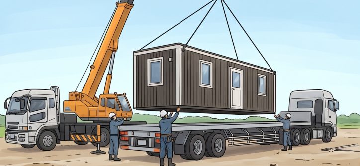 トラックからクレーンで建物を吊り上げるイラスト