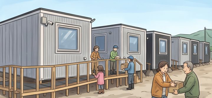 仮設住宅で支援物資を受け渡すイラスト
